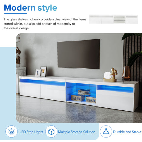 94.5" Extra-Long TV Stand with Glass Shelves and App-Controlled LED Lights, White, view 5