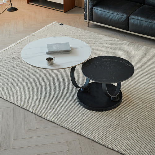 Round Nesting Coffee Table Set of 2 with Sintered Stone Tops, White and Black, Black Metal Frame