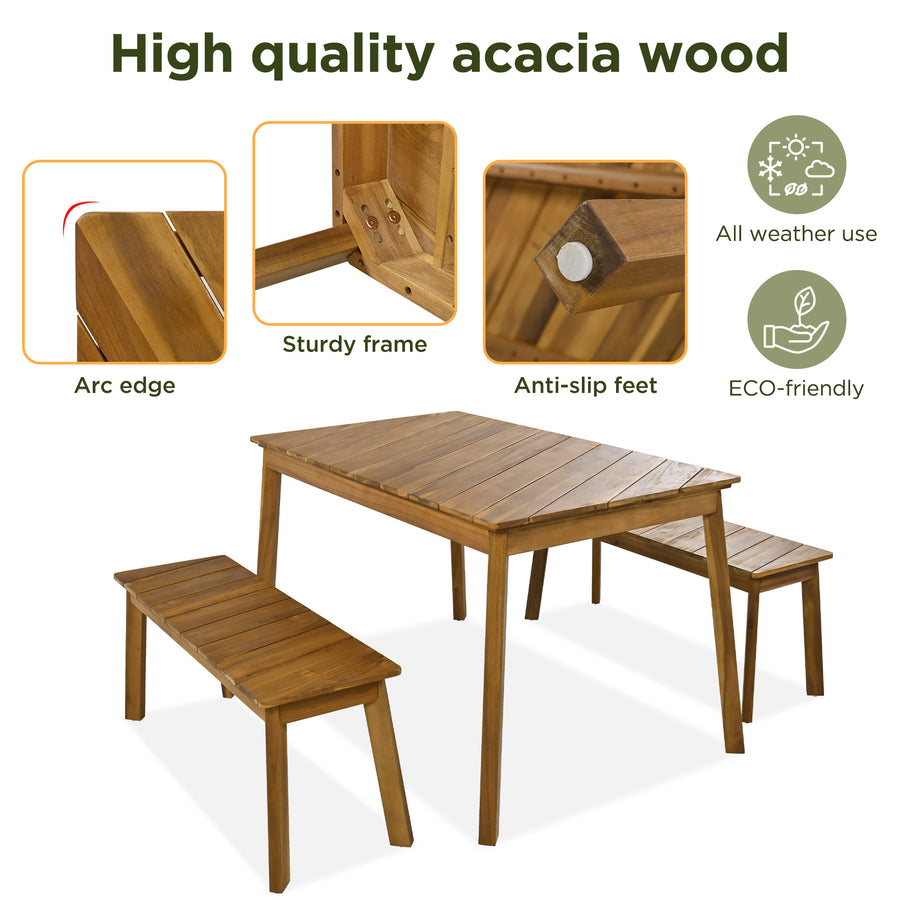 three-piece acacia wood dining set with table and two benches - view 4