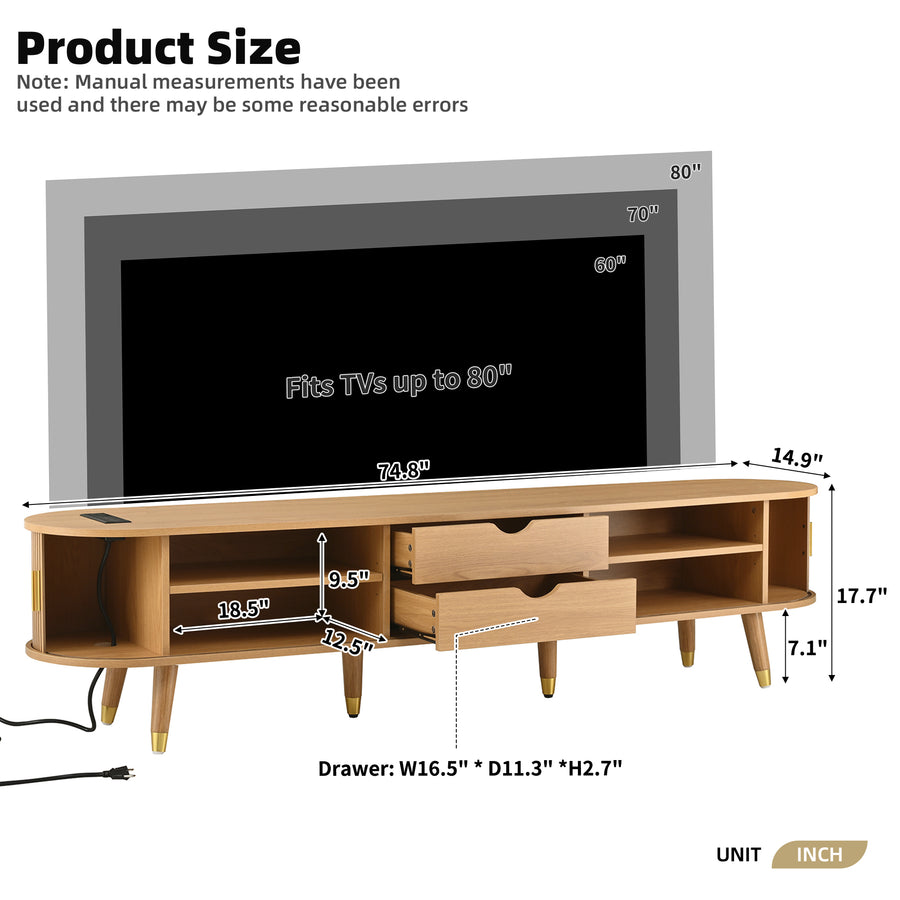 Fluted Oval TV Stand with Charging Station, Natural, view 8
