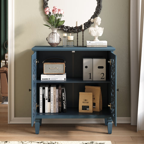 Vintage Accent Cabinet with Carved Floral Doors and Solid Wood Legs, Antique Blue, view 16