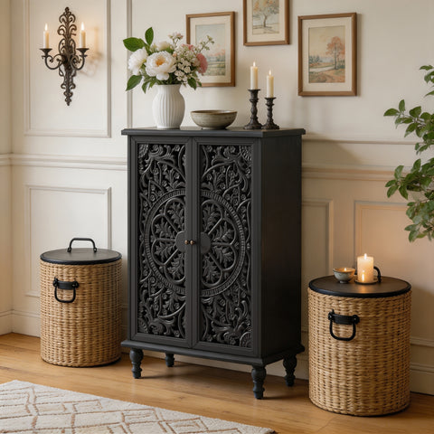 Farmhouse Accent Cabinet with Carved Hollow Doors and Turned Legs, Black, view 2