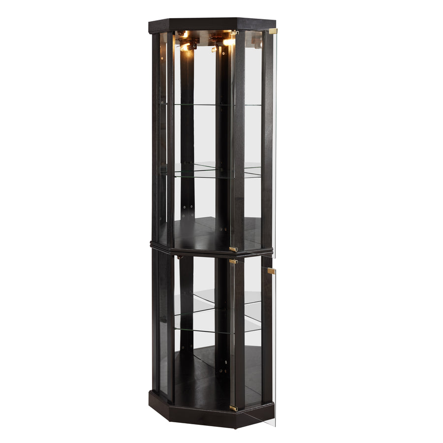 Lighted Corner Curio Cabinet with Glass Doors and Mirrored Back, Black, view 17