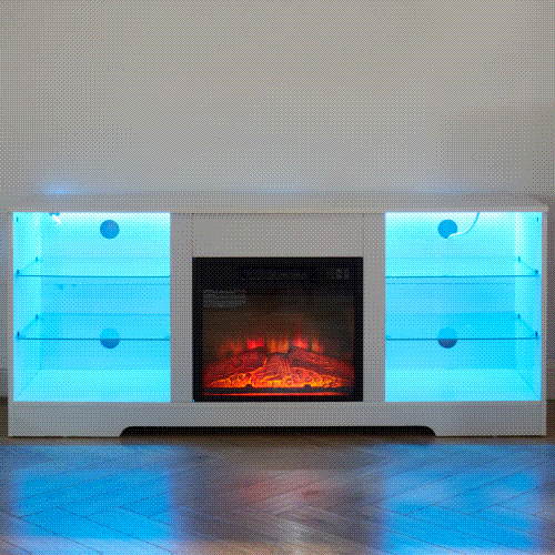 Electric Fireplace TV Stand with LED Lights and Glass Shelves, White, view 10