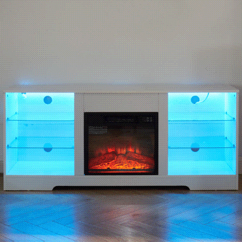 Electric Fireplace TV Stand with LED Lights and Glass Shelves, White, view 10