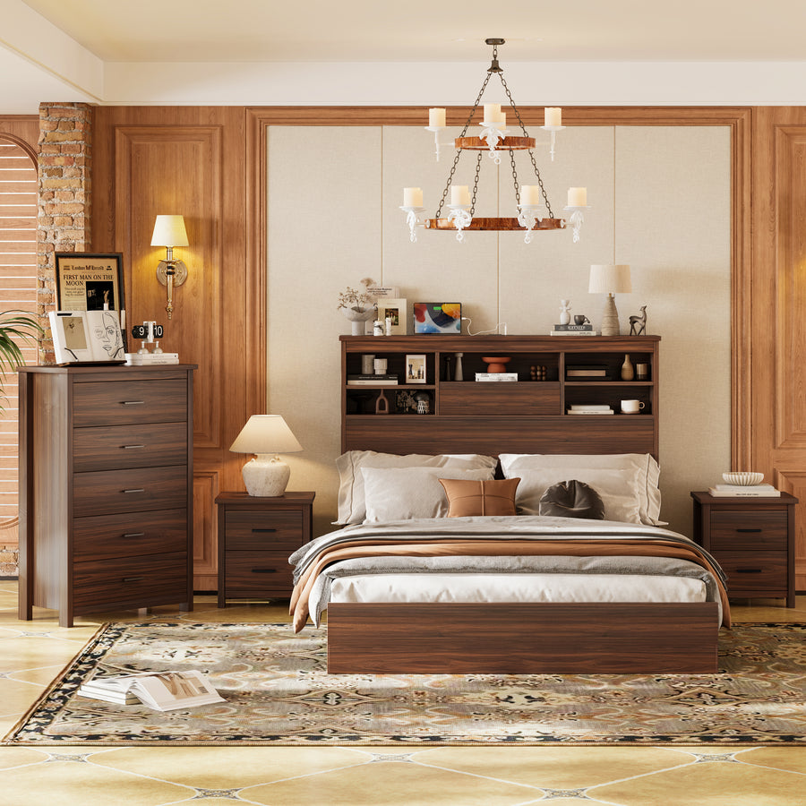 4-Piece Bedroom Set – Wooden Queen Bed Frame with Storage Headboard & Charging Station, 2 Nightstands & 5-Drawer Dresser, Walnut