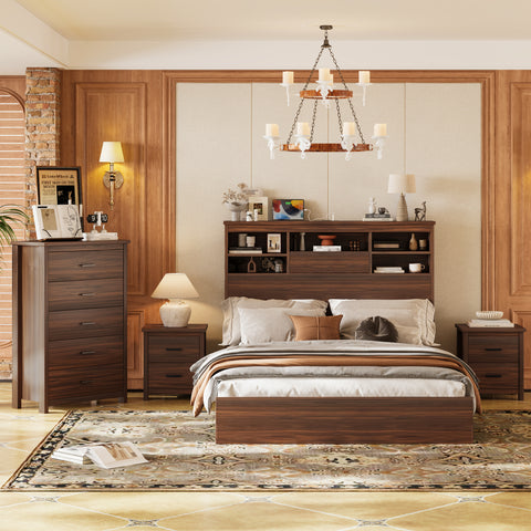 4-Piece Bedroom Set – Wooden Queen Bed Frame with Storage Headboard & Charging Station, 2 Nightstands & 5-Drawer Dresser, Walnut