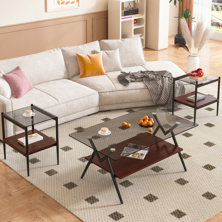 3PC Modern Gray Tempered Glass Coffee Table Set - 2 End Tables with MDF Layer