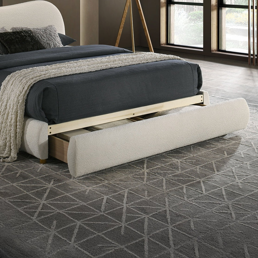 Boucle Upholstered Queen Bed with Curved Headboard and Footboard Storage Drawer, White, view 5