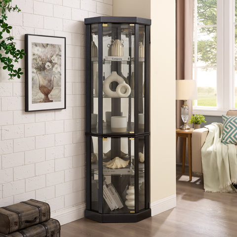Lighted Corner Curio Cabinet with Glass Doors and Mirrored Back, Black, view 3