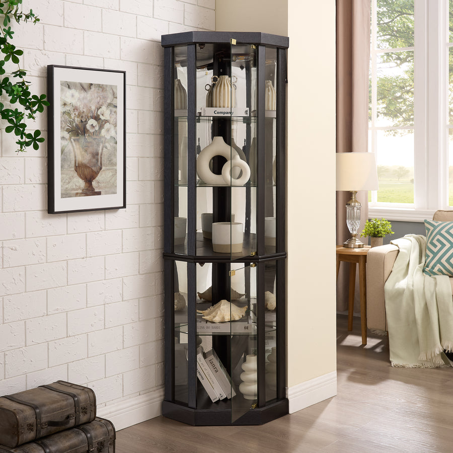 Lighted Corner Curio Cabinet with Glass Doors and Mirrored Back, Black, view 2