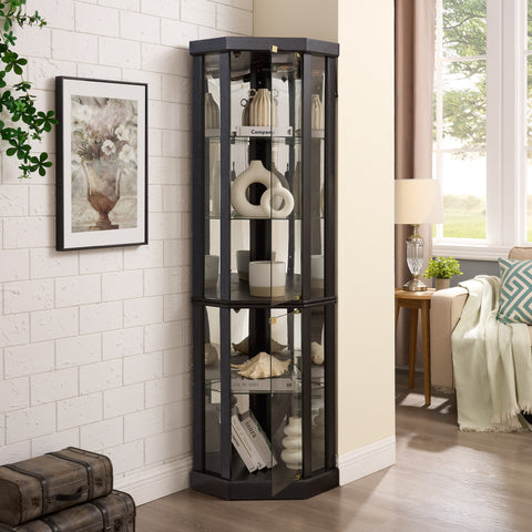Lighted Corner Curio Cabinet with Glass Doors and Mirrored Back, Black, view 2