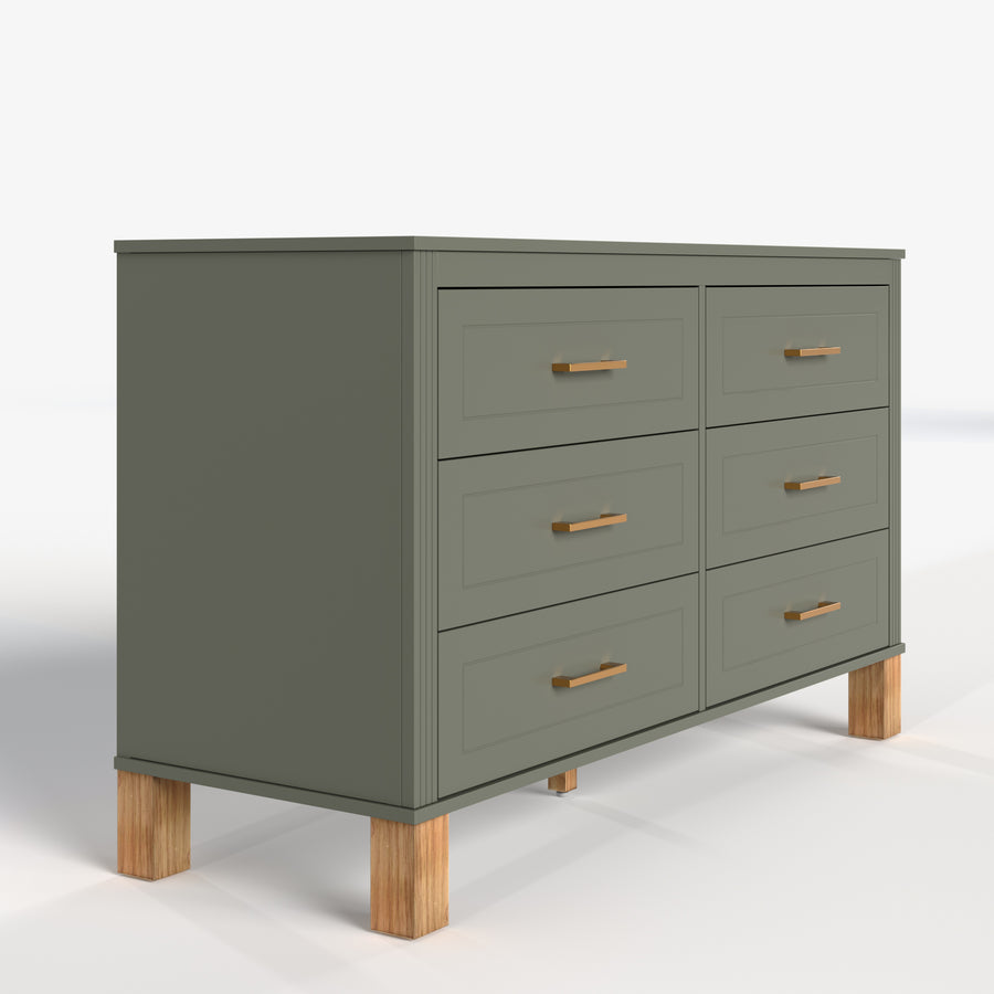 Mid-Century 6-Drawer Double Dresser with Metal Handles and Solid Wood Legs, Olive, view 14