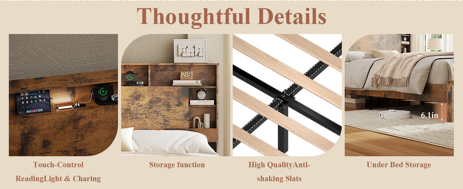 Queen Bed Frame with Bookcase Headboard, Dark Brown, view 10