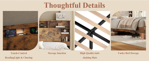 Queen Bed Frame with Bookcase Headboard, Dark Brown, view 10