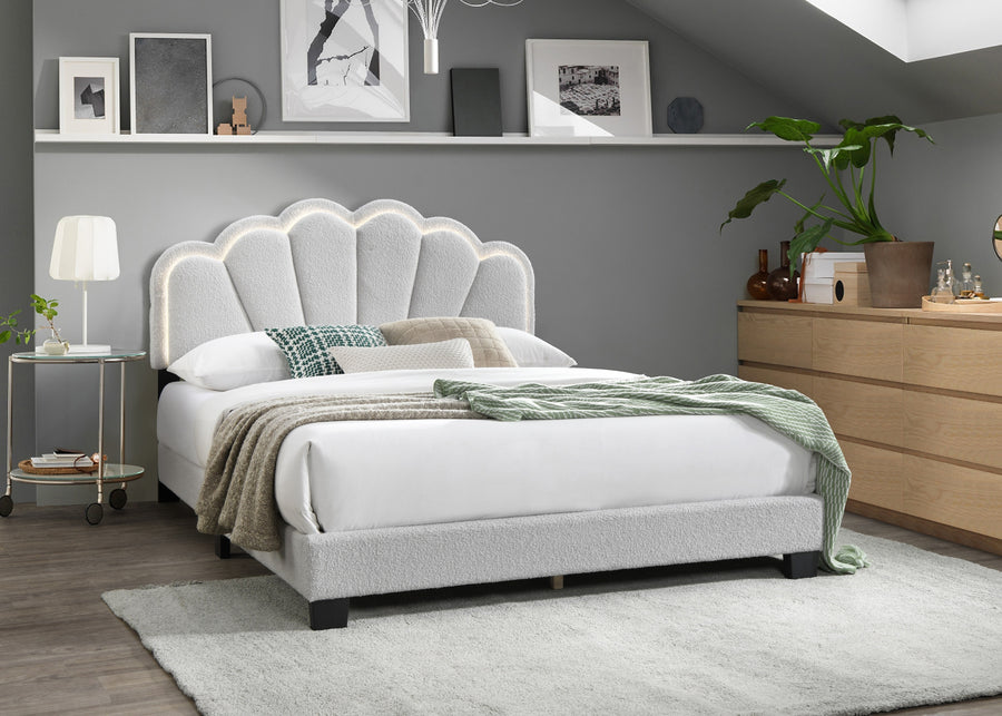 Queen Upholstered Platform Bed with Floral Headboard and Built-In LED, White, view 2