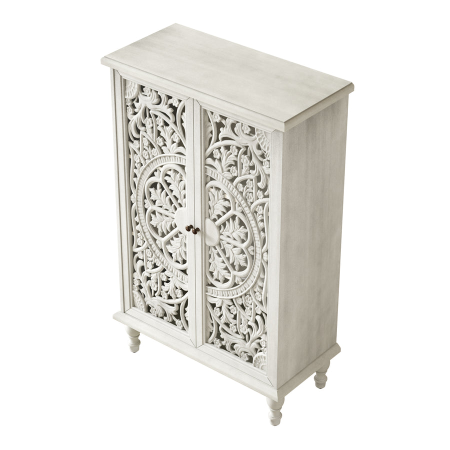 Farmhouse Accent Cabinet with Carved Hollow Doors and Turned Legs, Antique White, view 16