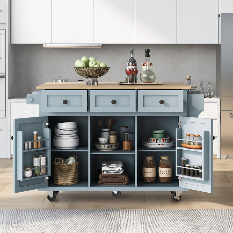 53" Grey Blue Rolling Kitchen Island with Drop-Leaf Top