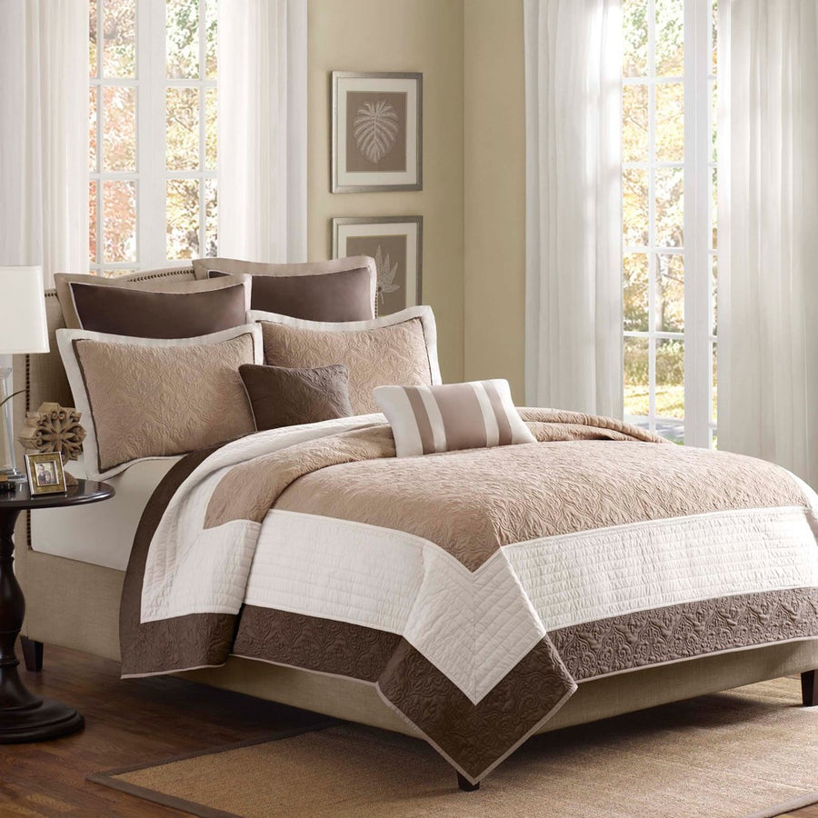 King/Cal King 7-Piece Beige Quilt Set - Euro Shams & Throw Pillows
