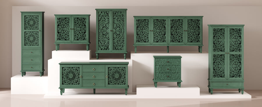 Farmhouse Accent Cabinet with Carved Hollow Doors and Turned Legs, Antique Green, view 11