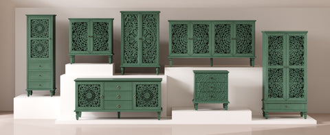 Farmhouse Accent Cabinet with Carved Hollow Doors and Turned Legs, Antique Green, view 11