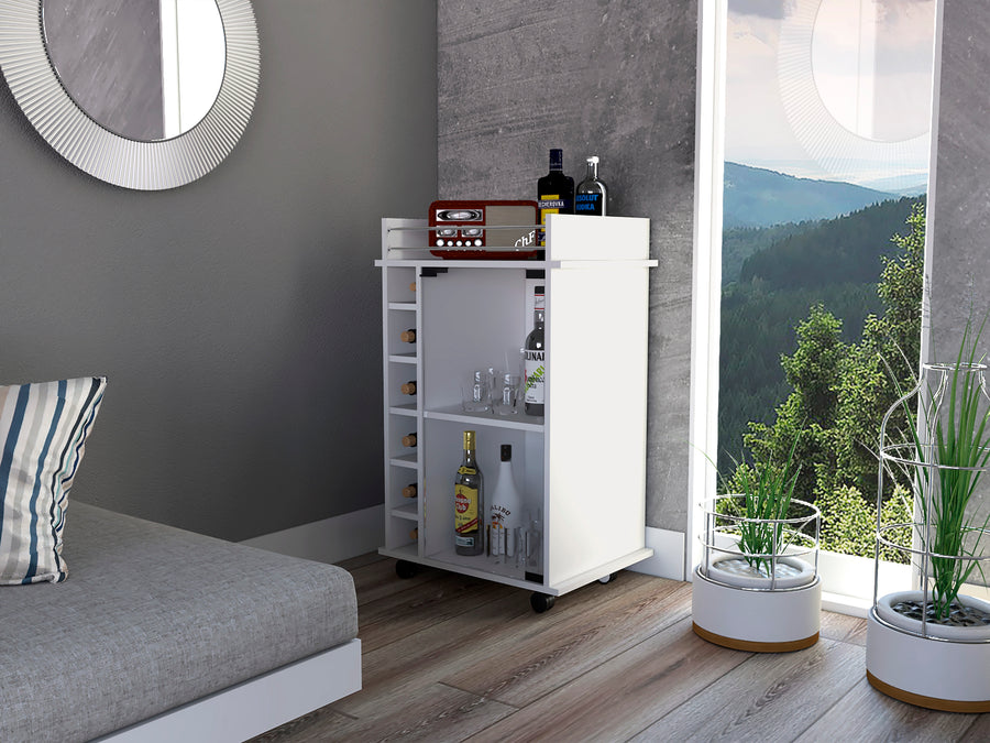 Dukat Bar Cart,Two Shelves, Six Built-in Wine Rack, Four Casters -White