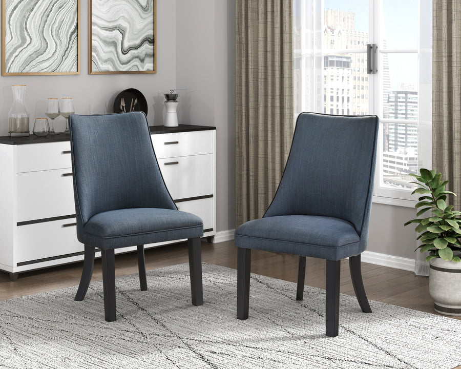 Modern 2PC Side Chairs - Blue Textured Fabric Dark Walnut Legs