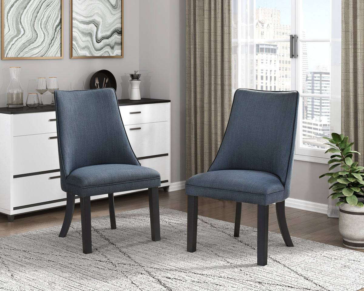 Modern 2PC Side Chairs - Blue Textured Fabric Dark Walnut Legs