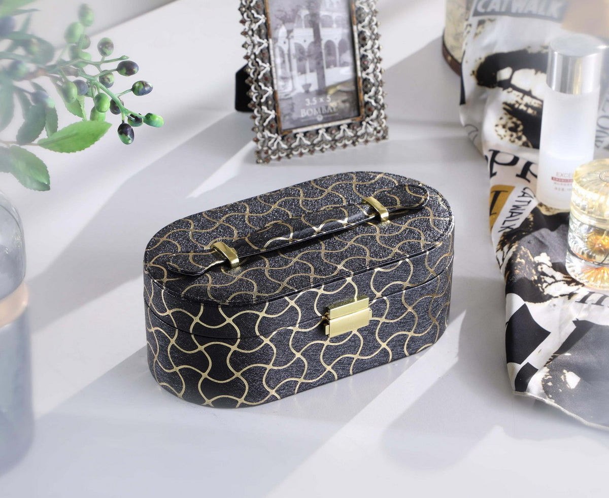 9.5' Long Black Leather Jewelry Organizer Case with Mirror – Gold Swirl Pattern Travel Box for Women