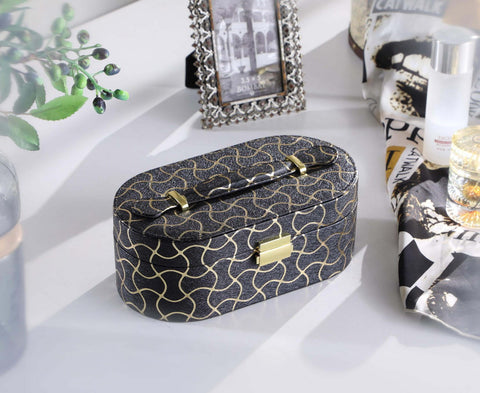 9.5' Long Black Leather Jewelry Organizer Case with Mirror – Gold Swirl Pattern Travel Box for Women