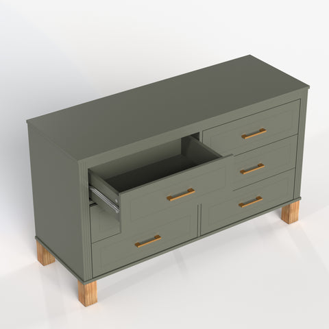 Mid-Century 6-Drawer Double Dresser with Metal Handles and Solid Wood Legs, Olive, view 15