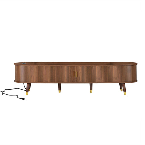 Fluted Oval TV Stand with Charging Station, Walnut, view 9