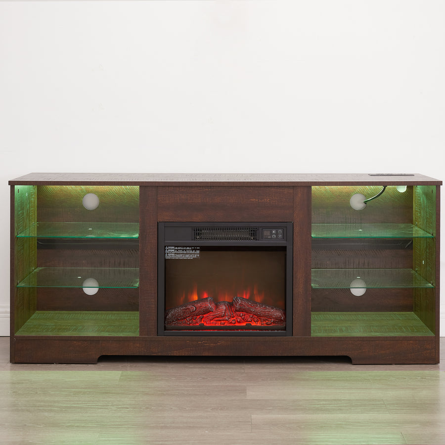 Electric Fireplace TV Stand with LED Lights and Glass Shelves, Espresso, view 20