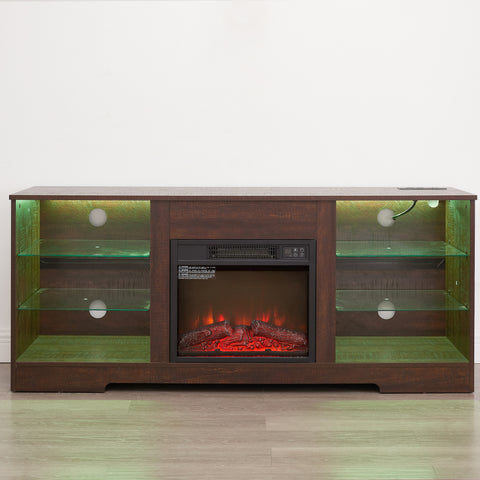 Electric Fireplace TV Stand with LED Lights and Glass Shelves, Espresso, view 20