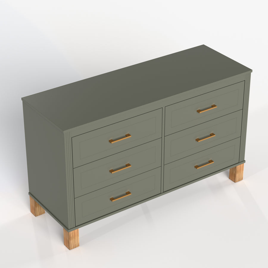 Mid-Century 6-Drawer Double Dresser with Metal Handles and Solid Wood Legs, Olive, view 13