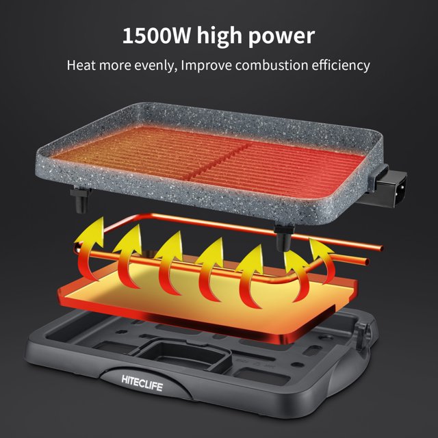Electric Grill Indoor 1500W Korean BBQ Barbecue Granite Stone Nonstick Detachable Flat Tabletop Smart 5-Heat Plate PFOA-Free Family Size Compact 14 Inch Gray