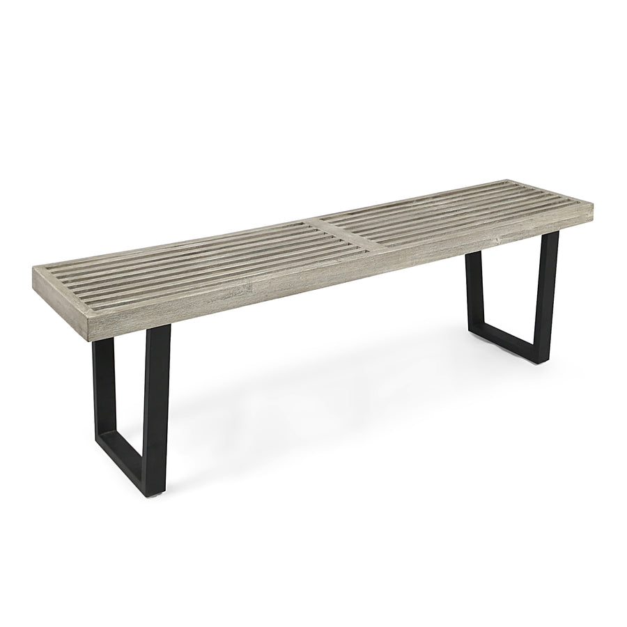 61.75" Acacia Wood Outdoor Dining Bench with Iron Legs