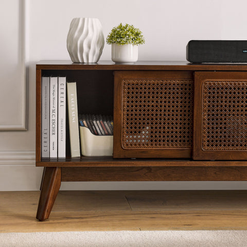 Mid-Century Rattan TV Stand for TVs Up to 65", Dark Wood, view 4