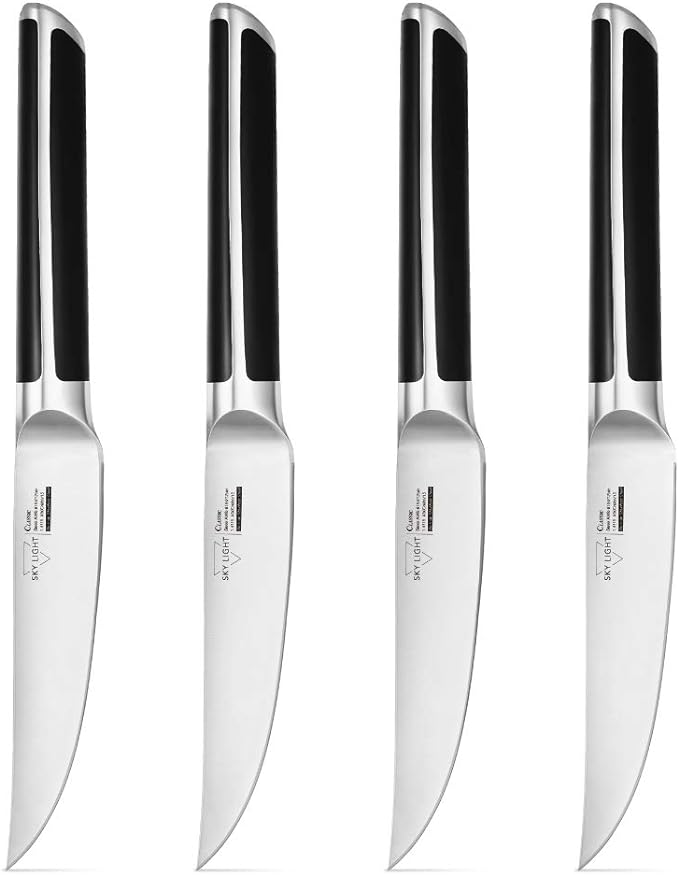 SKY LIGHT Steak Knives, 4.5 Inch Non-serrated Steak Knife Set, 4-Piece Premium Kitchen Table Knife with Japanese Triangle Handle, Sharp Blade Flatware Steakhouse Knife with Gift Box