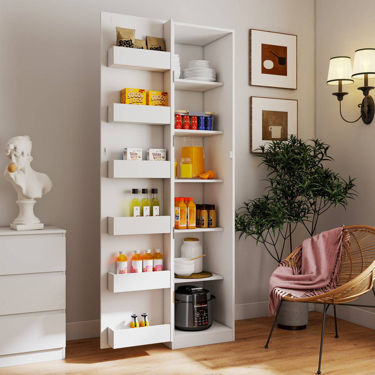 70" Tall Kitchen Pantry Cabinet with Doors, White