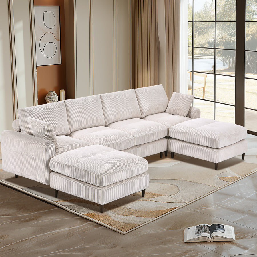 White 6-Seat Modular Sectional Sofa - U/L-Shaped with Footstool & Pillows