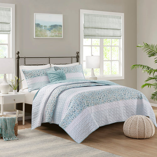 Seersucker Quilt Set with 2 Shams and Throw Pillow, Full/Queen, 4-Piece Aqua Floral