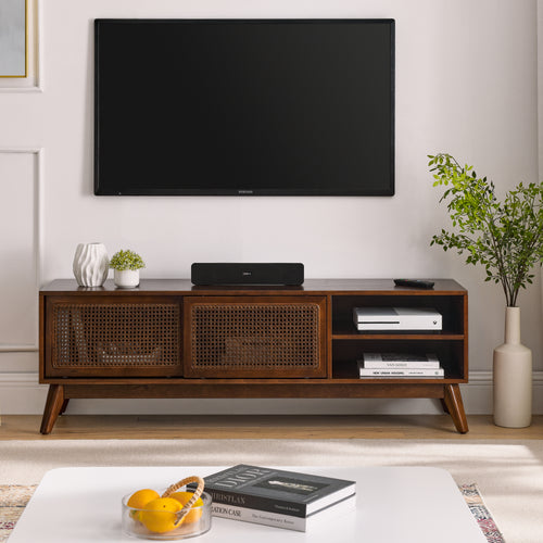 Mid-Century Rattan TV Stand for TVs Up to 65", 59" Media Console with Cane Doors and Solid Wood Legs, Dark Wood
