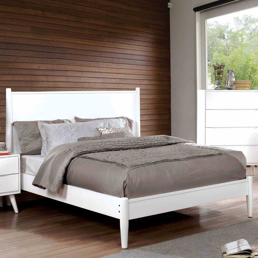 Mid-Century Modern Queen Platform Bed with Tapered Legs and Slats, White