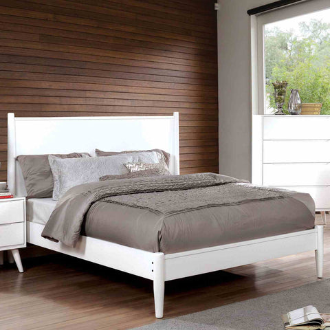 Mid-Century Modern Queen Platform Bed with Tapered Legs and Slats, White
