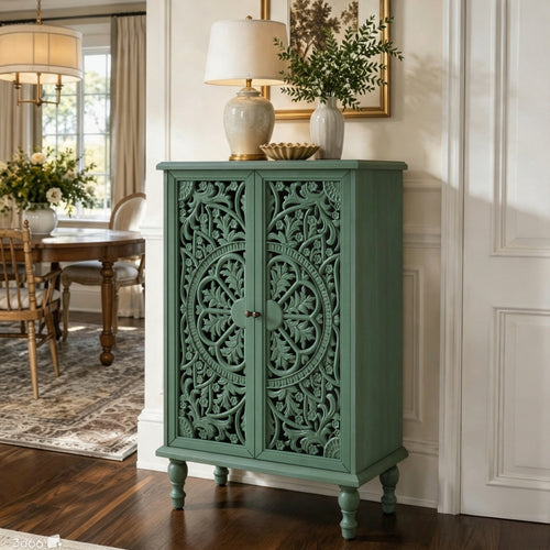 Farmhouse Accent Cabinet with Carved Hollow Doors and Turned Legs, 47" Tall Display Cabinet, Antique Green