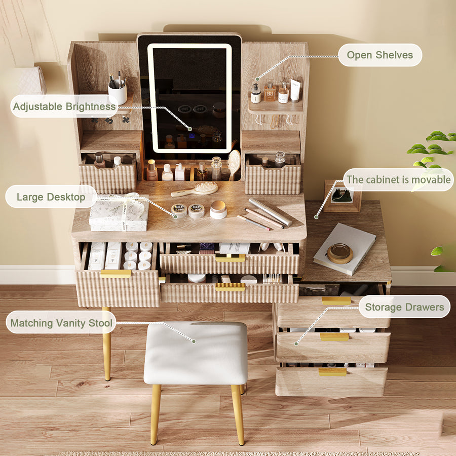 7-Drawer Vanity Desk with LED Mirror & Stool - product image 6