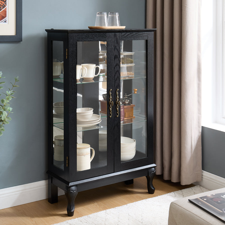 Lighted Curio Cabinet with Tempered Glass Doors and Mirrored Back, Black, view 5