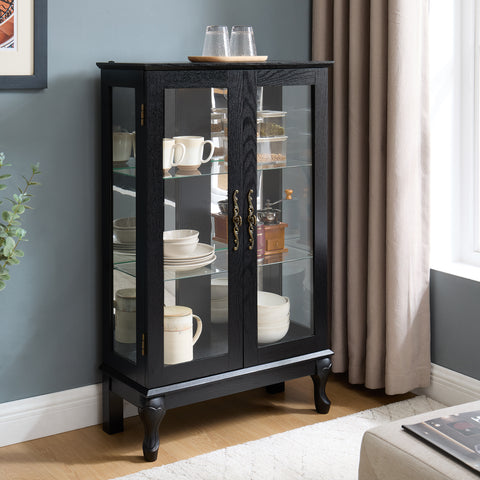 Lighted Curio Cabinet with Tempered Glass Doors and Mirrored Back, Black, view 5