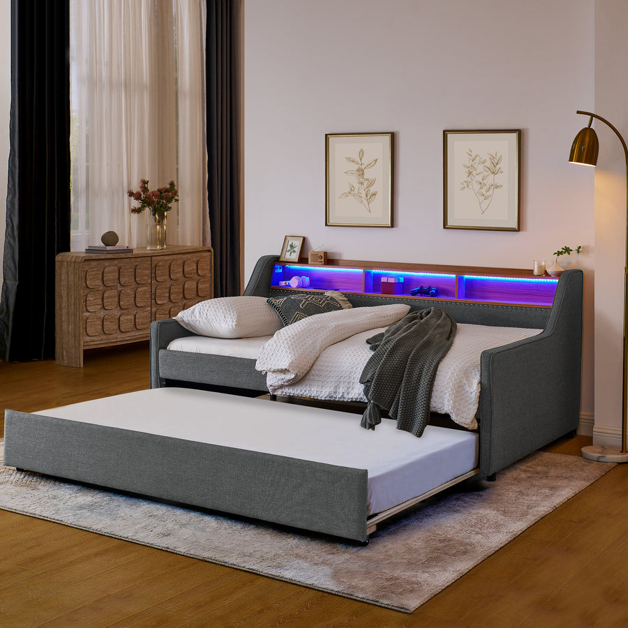 Grey Linen Twin Upholstered Sofa Bed | LED Lights Wireless Charging Trundle